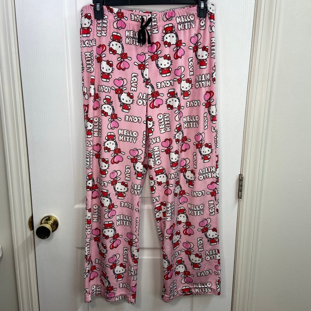 Hello Kitty pink soft plush Valentine's Day heart pull on stretch pajama pants L